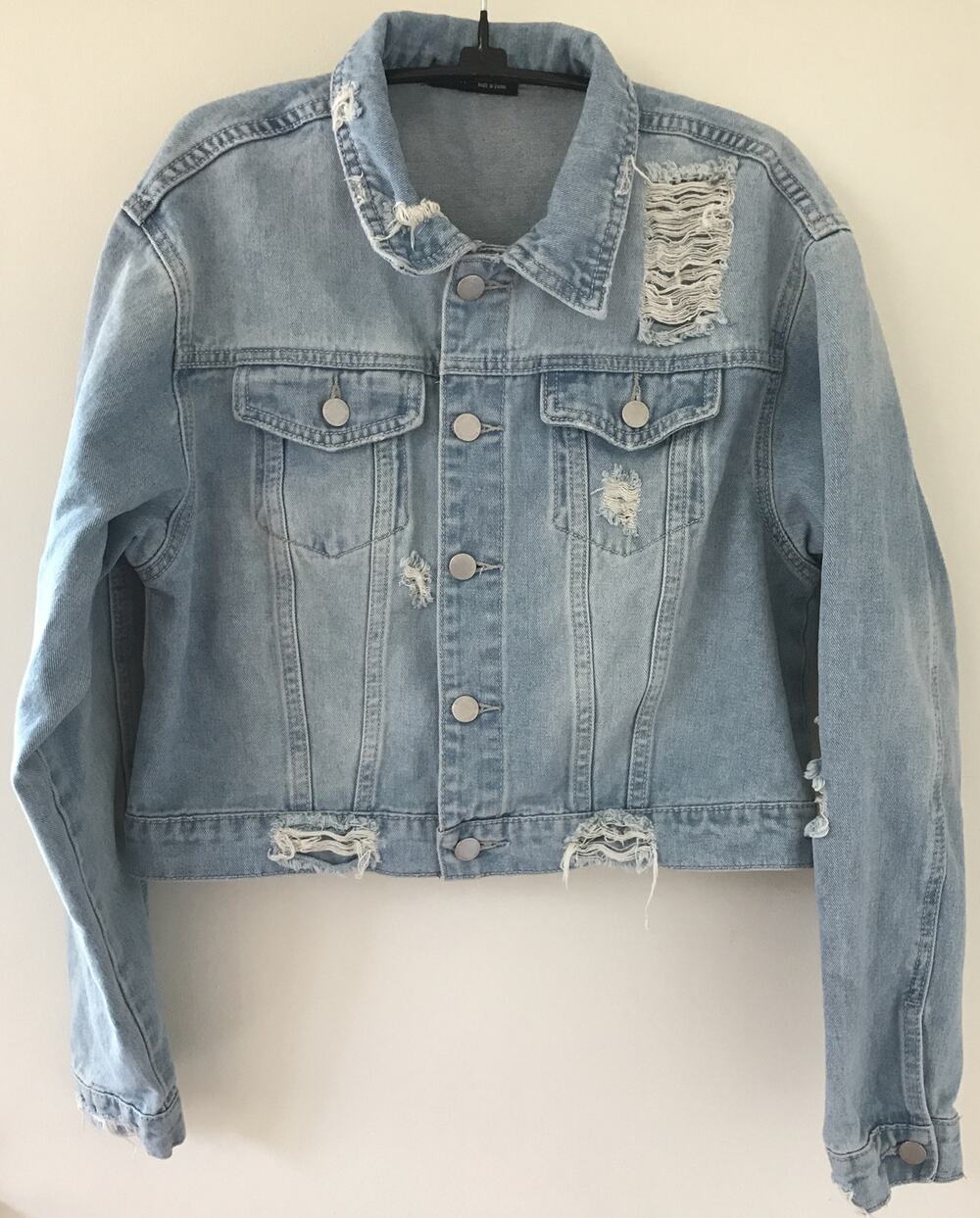Shein Light Blue Denim Distressed Cropped Button Up Jean Jacket M 6 EU 38